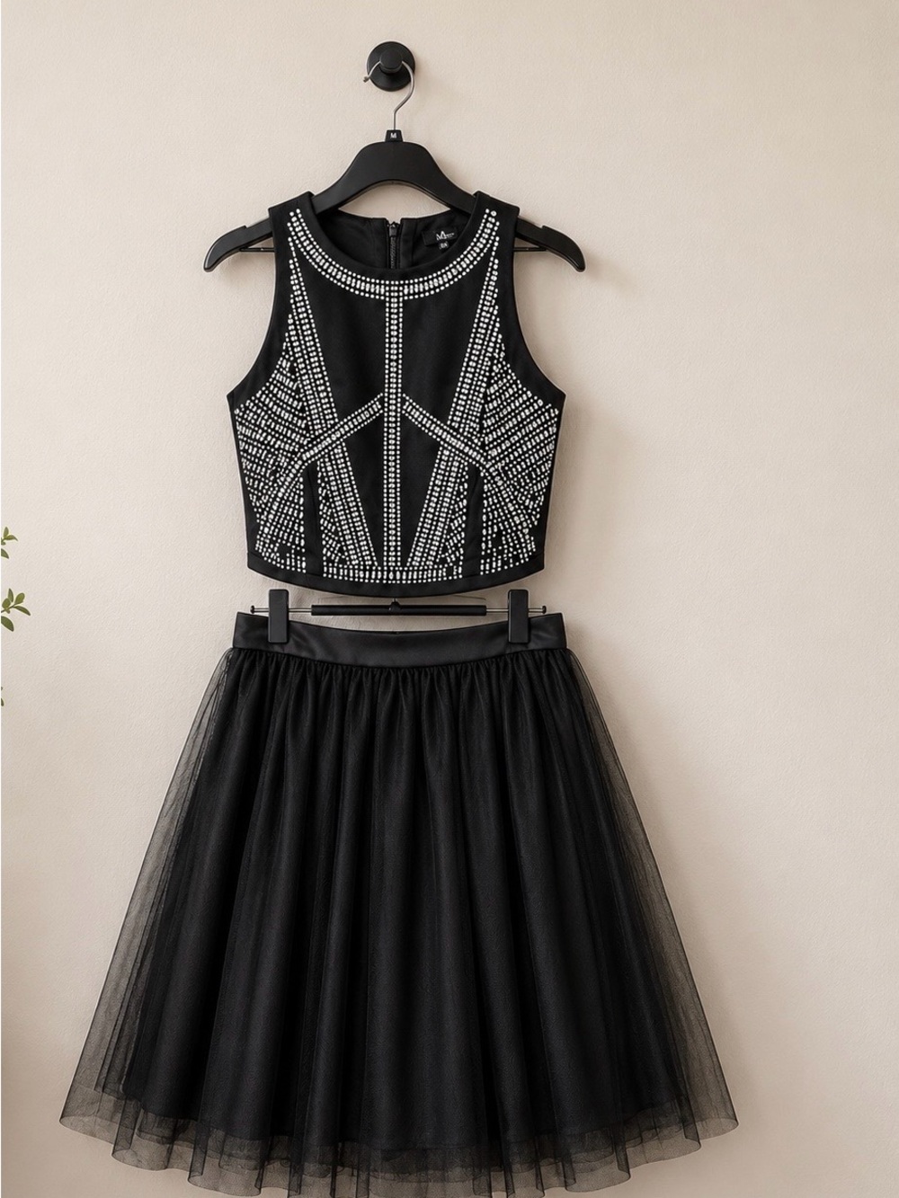 Black Beaded Crop Top and Tulle Skirt Two-Piece Set